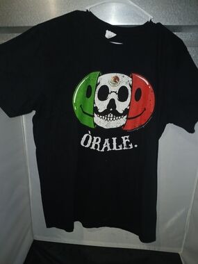 House Of Chingasos Orale Mexican Flag Skull Smiley Graphic T-Shirt Black Size L